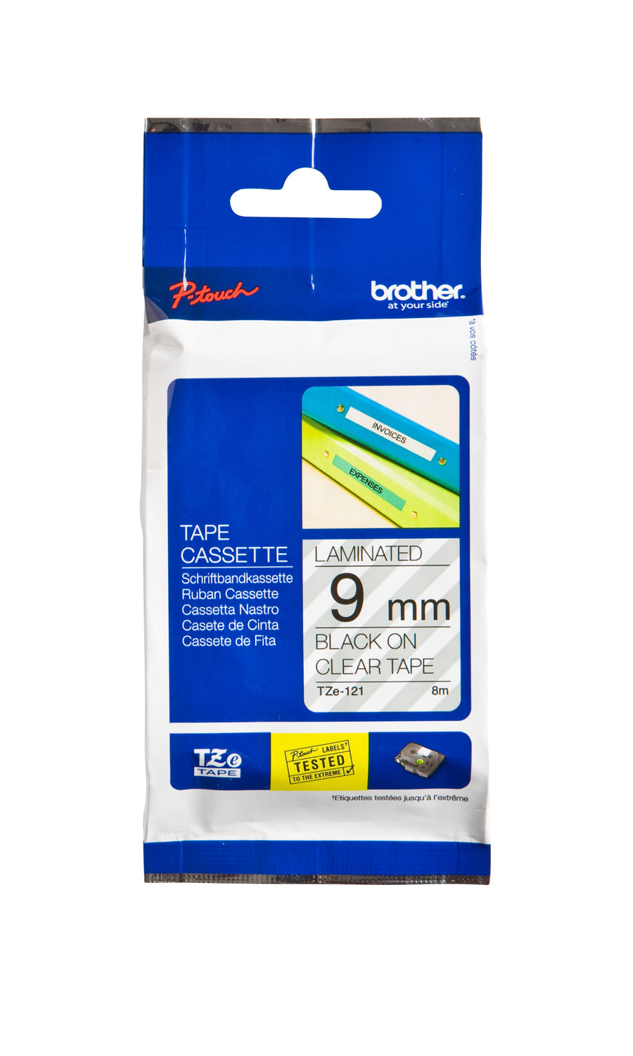 Labeltape Brother Ptouch TZe121 9mm transparant