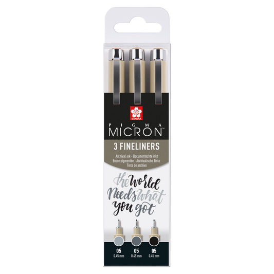 Fineliner Sakura Pigma Micron 05 set zw gr 3 maten