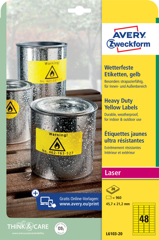 Etiket Avery L6103-20 45.7x21.2mm geel 960stuks