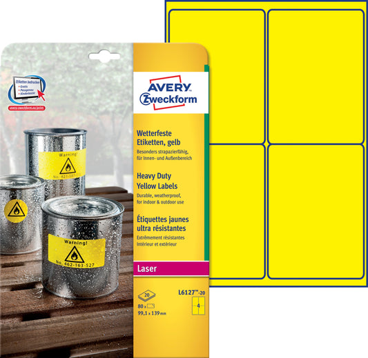 Etiket Avery L6127-20 99.1x139mm geel 80stuks