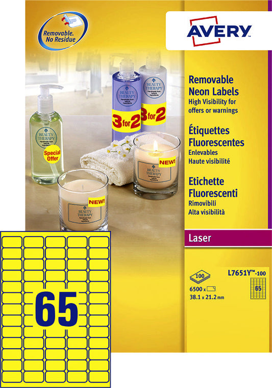 Etiket Avery L7651Y-100 38.1x21.2mm geel 6500stuks