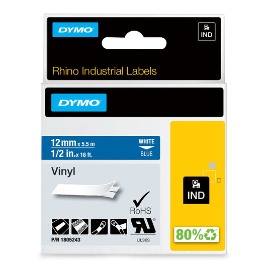 Labeltape Dymo Rhino industrieel vinyl 12mm blauw