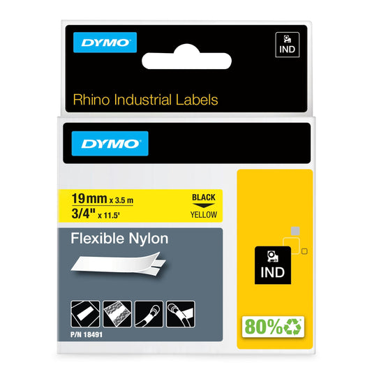 Labeltape Dymo Rhino industrieel nylon 19mm geel